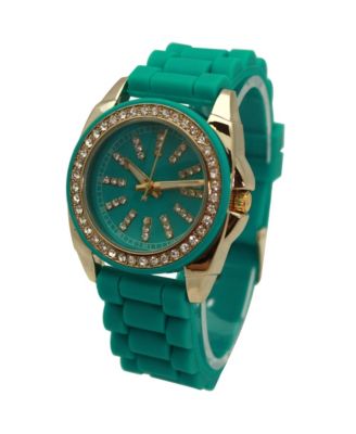 Turquoise Bright Silicone Band with Rhinestones Numeral Women Watch