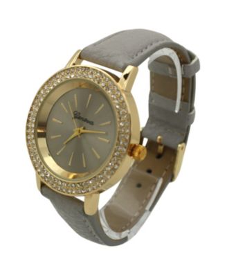 Gray Rhinestones Detail Leather Strap Watch