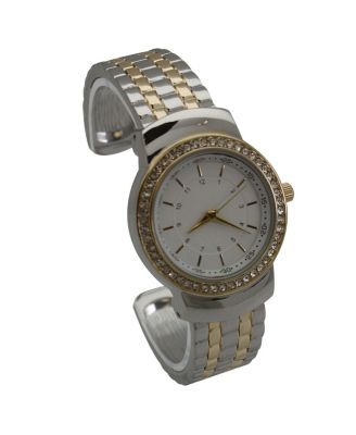 TWO TONE TEXTURED AND RHINESTONE DETAL BANGLE WATCH
