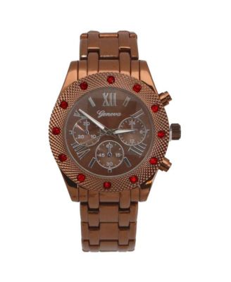 Brown Women's Red Rhinestone Detail Boyfriend Metal Watch