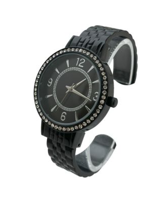 Black Round Face Rhinestone Bezel Textured Bangle Women Watch
