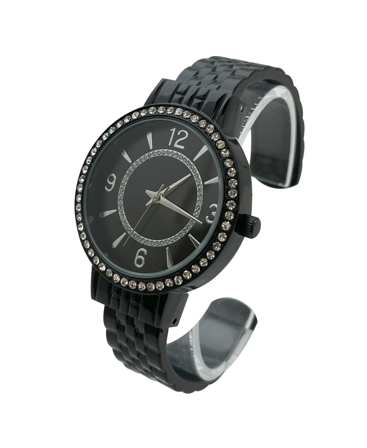 Olivia Pratt Black Round Face Rhinestone Bezel Textured Bangle Women Watch