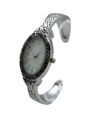 Silver Oval Face Elegant Textured Bangle Women Watch