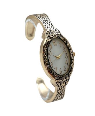 Gold Oval Face Elegant Textured Bangle Women Watch