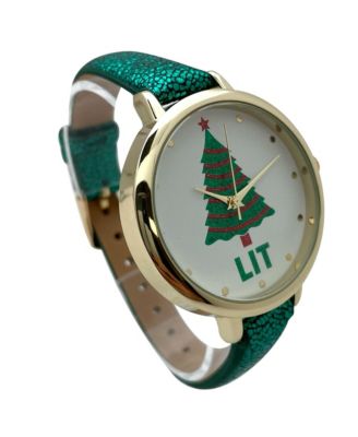 Shiny Green Faux Leather Christmas Themed Women Watches