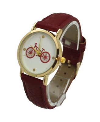 Burgundy Bicycle Face Leather Strap Watch