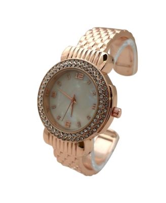 Rose Gold Round Face Rhinestone Bezel Bangle Women Watch