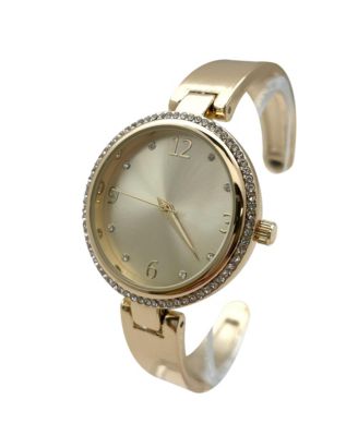 Gold Round Face Rhinestone Bezel Soft Bangle Women Watch