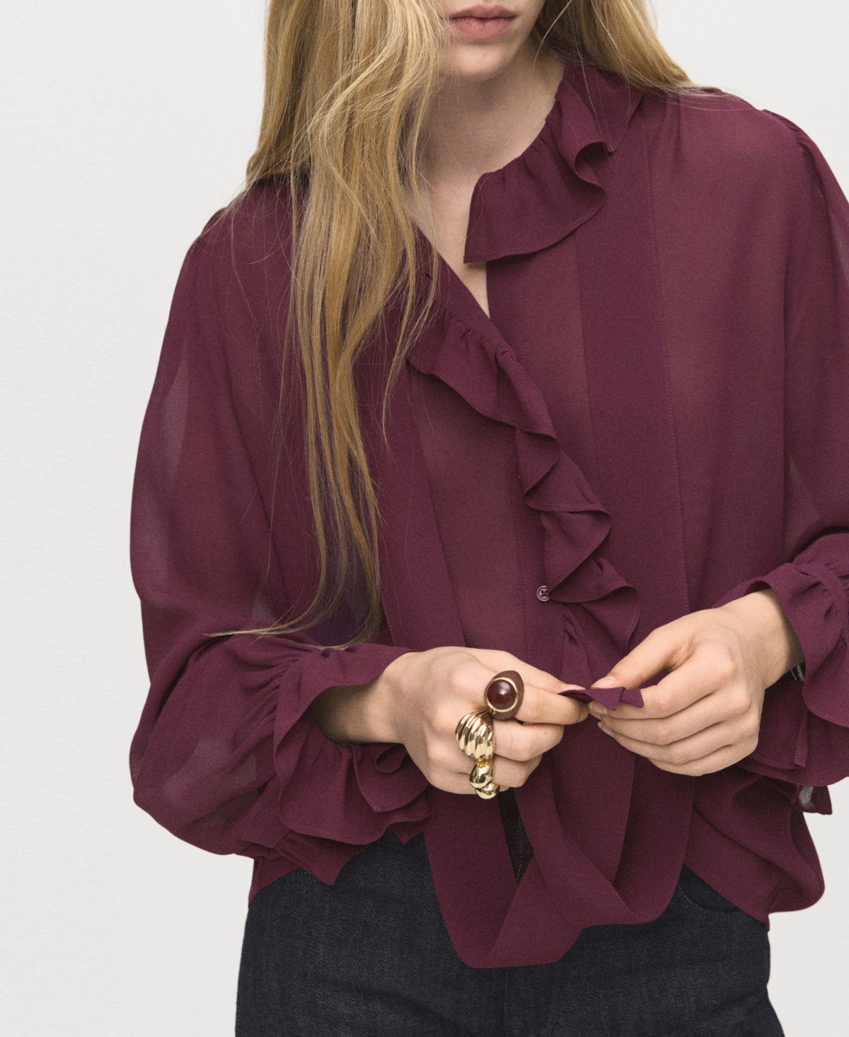 Mango Ruffle Front Button Top In Burgundy