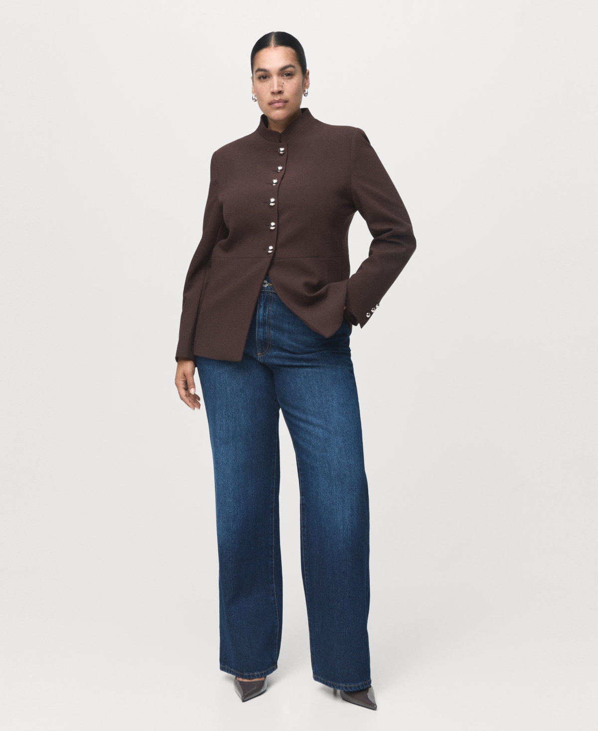 Mango Women's Jewel-button Strip Collar Jacket In Brown