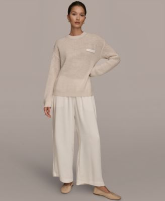 Women's Long-Sleeve Wool Cashmere Blend Waffle Stitch Sweater with Chest Pocket