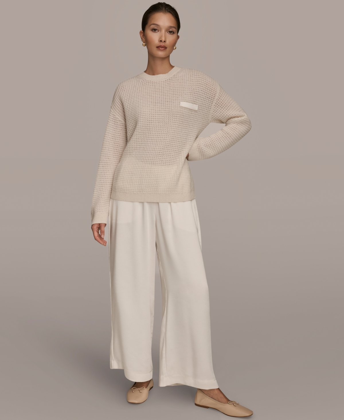 Donna Karan Weekend Women's Long Sleeve Waffle Stitch Sweater In Neutral
