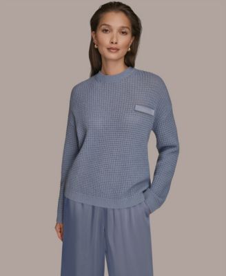 Women's Long-Sleeve Wool Cashmere Blend Waffle Stitch Sweater with Chest Pocket