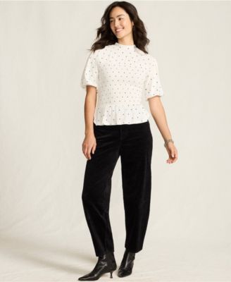 Women's Bubble Sleeve Silky Knit Smocked Mock Neck Top