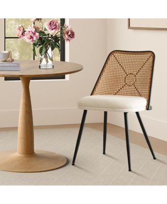 3-Piece 34.5 Inch Round Dining Set with Wood-Look Pedestal Table and 2 Upholstered Rattan Back Chairs with Black Metal Legs-Maison Boucle