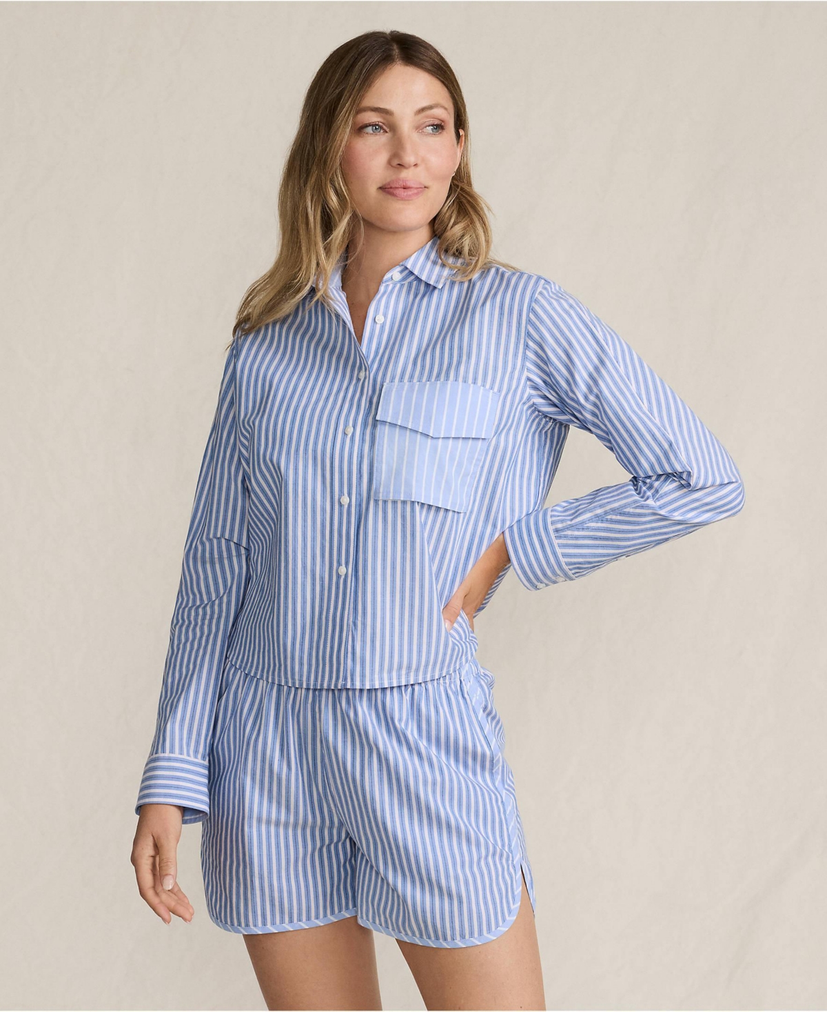 Lands' End Women's Cotton Poplin 2 Piece Pajama Set - Long Sleeve Top and Shorts with Piping