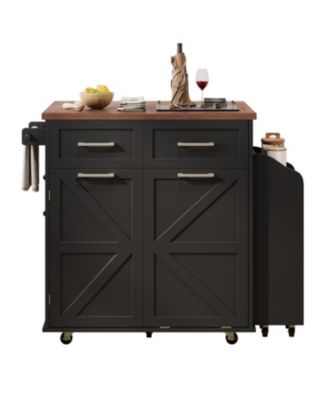 47.2" Farmhouse Kitchen Island with Drop Leaf & Storage, Rolling Cart
