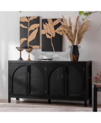 58" Mid-Century MDF & Rattan Magnetic Doors, Adjustable Shelves, Metal Handles Rattan Sideboard Buffet Cabinet