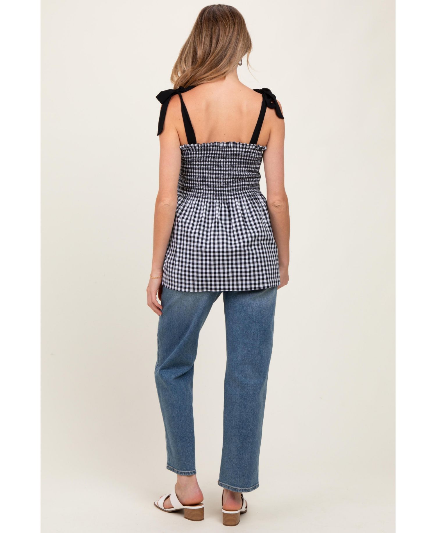 Women's Black Gingham Smocked Shoulder Tie Top
