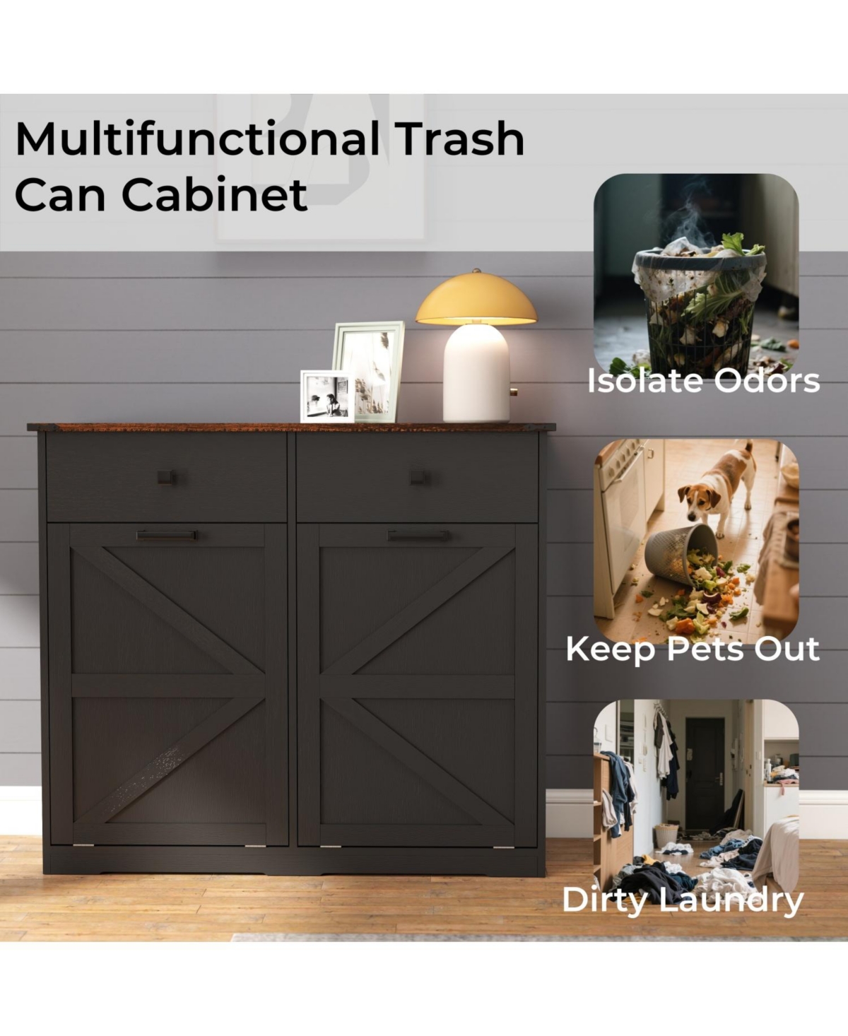 Streamdale Furniture 39.3"W Engineered Wood Farmhouse Black Double Tilt-Out Trash Cabinet