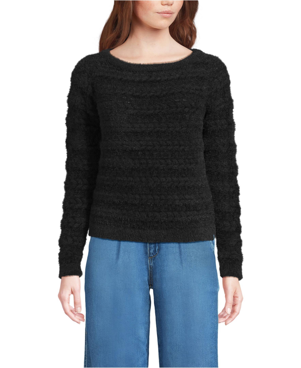 Lands' End Women's Fuzzy Eyelash Cable Boatneck Sweater