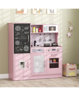 Play Kitchen Toy Set w/ Chalkboard Oven Sink Curtain Microwave Water Dispenser