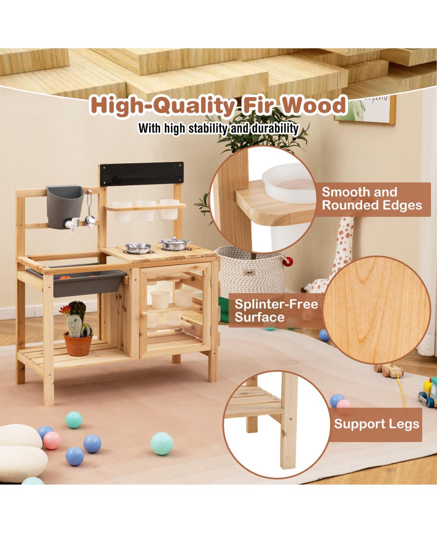 Детские игрушки Gymax Outdoor Wooden Mud Kitchen Playset, 17-Piece Set, Ages 3+, цвет: Натуральный — фото 8