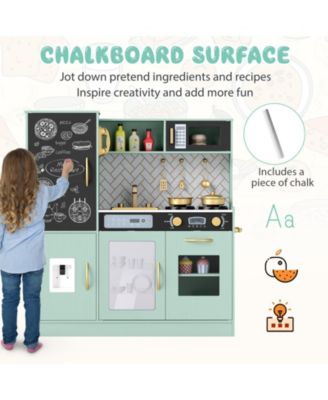Play Kitchen Toy Set w/ Chalkboard Oven Sink Curtain Microwave Water Dispenser