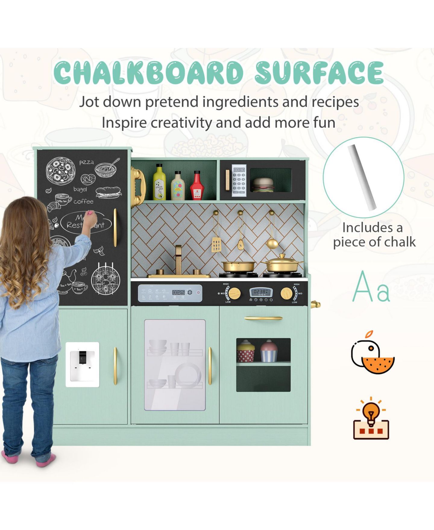 Детская игрушка Gymax Light-Up Stoves Chalkboard Play Kitchen, Ages 3+, цвет: Зелёный — фото 10