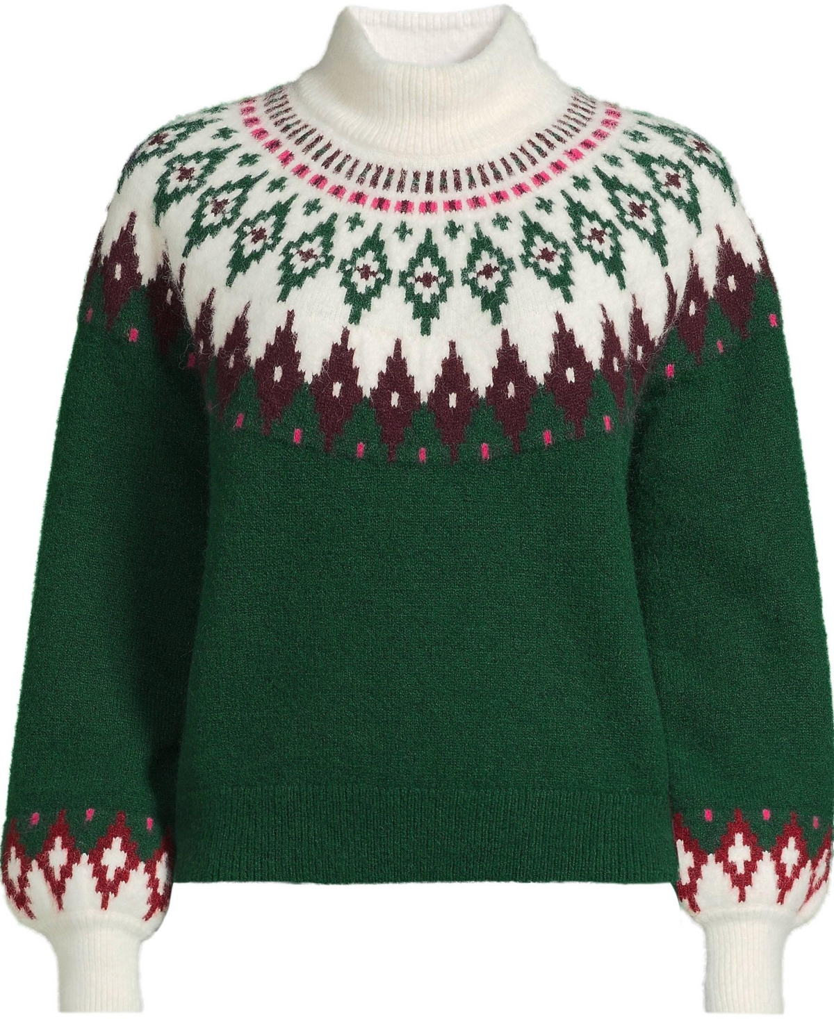 Lands' End Women's Fuzzy Turtleneck Lantern Sleeve Jacquard Sweater