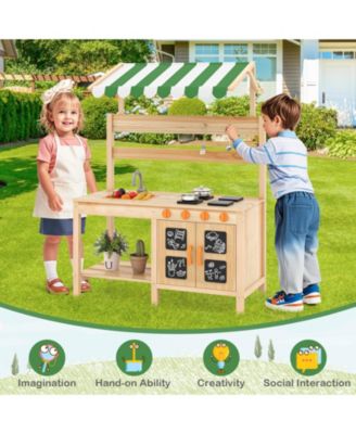 Kids Mud Kitchen Outdoor Wooden Pretend Play Kitchen w/ 4 Stoves, Canopy Faucet