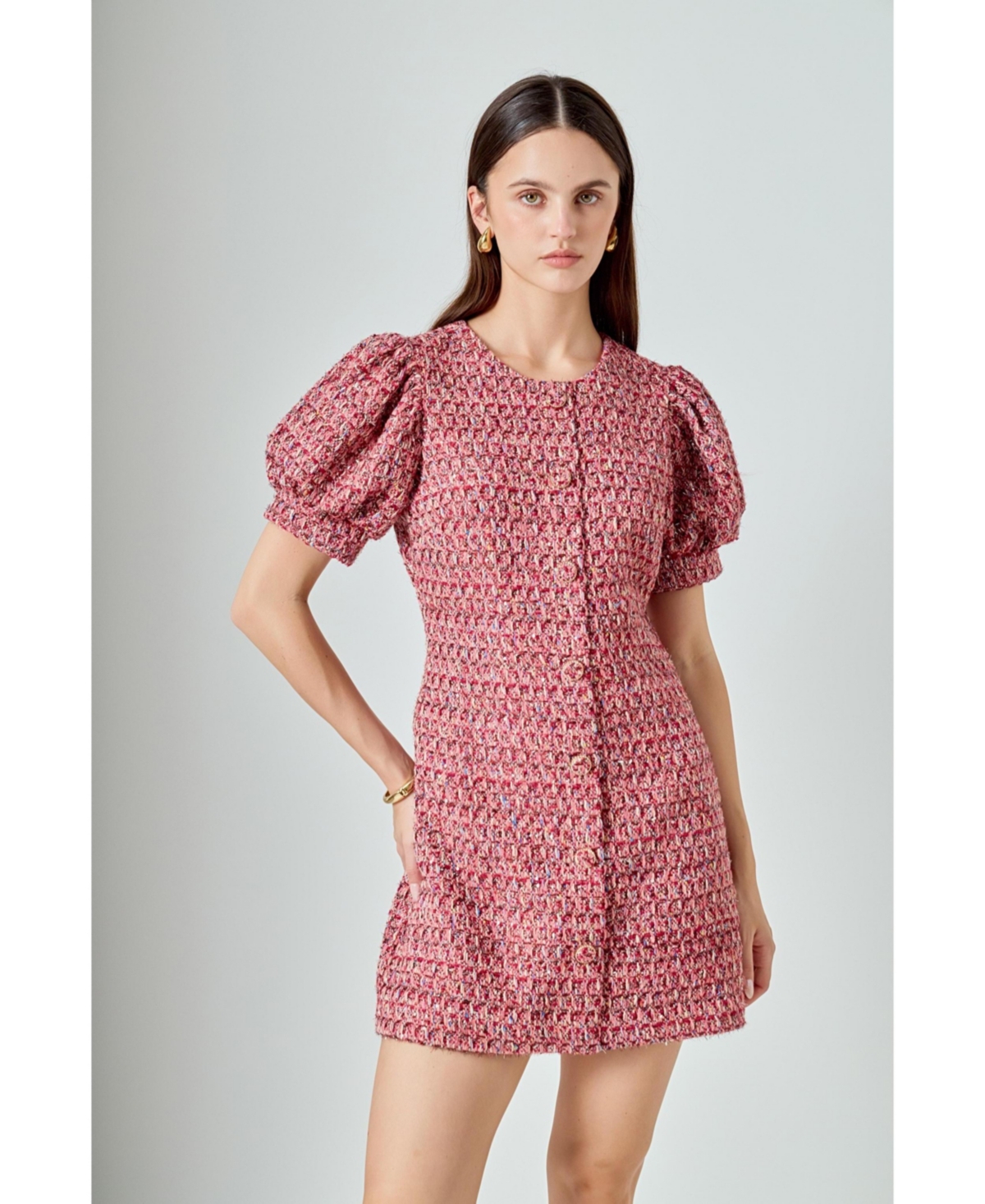 endless rose Women's Tweed Puff Sleeve Mini Dress