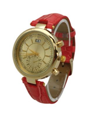 Pink Multicolored Gold Face Leather Strap Watch