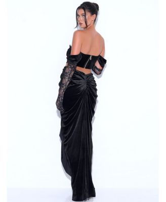 Women's Quintessa Black Lace Velvet Corset Off Shoulder Gown