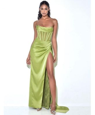 Women's Prisa Lime High Slit Satin Corset Gown