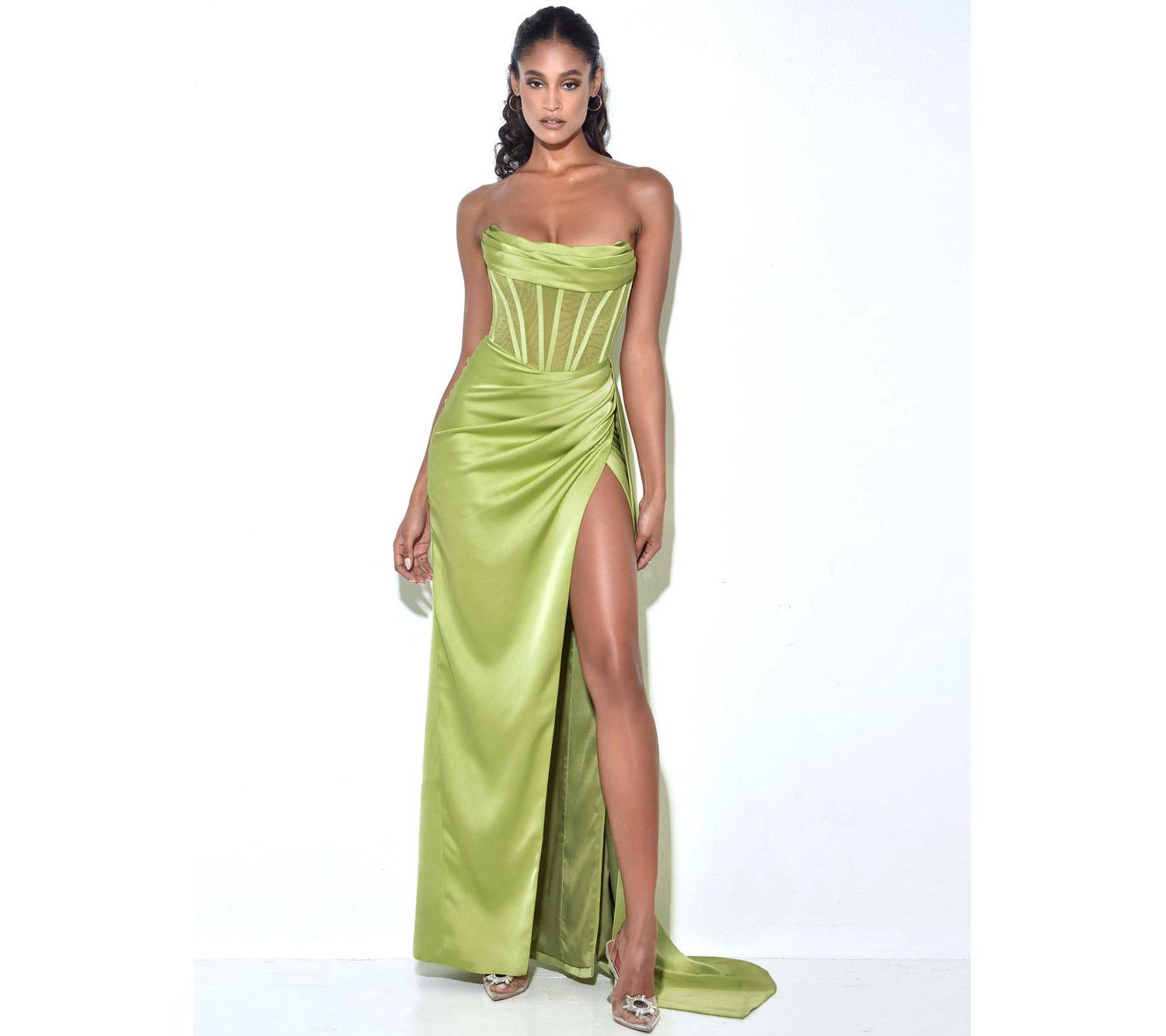 Women's Prisa Lime High Slit Satin Corset Gown
