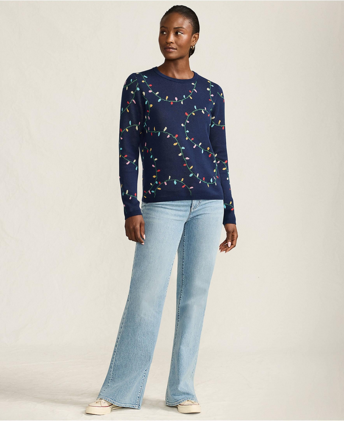 Lands' End Women's Fine Gauge Cotton All Over Jacquard Crew Neck Sweater