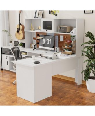 L Shaped Desk with Hutch, Corner Desk Workstation with Charge Station and File Cabinet