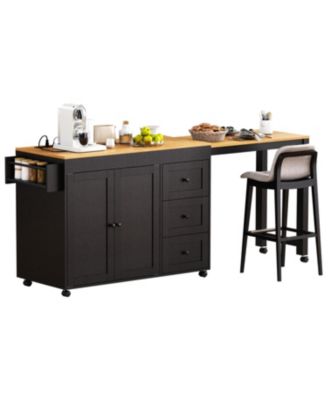 Kitchen Island w/ Extendable Table, 3 Drawers, Outlet, Wheels, Spice Rack - Black