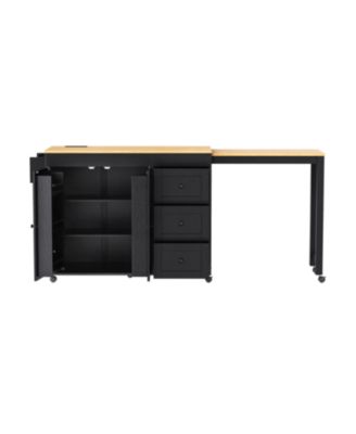 Kitchen Island w/ Extendable Table, 3 Drawers, Outlet, Wheels, Spice Rack - Black