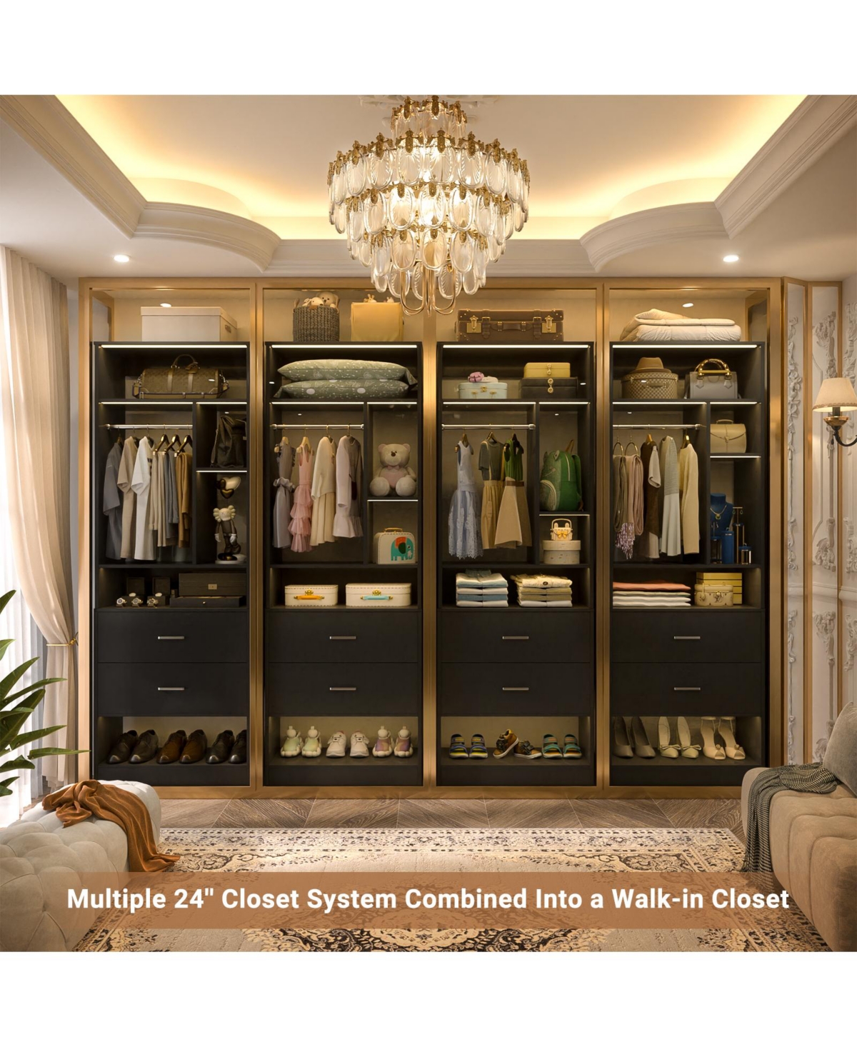 Aheaplus 23.6'' Freestanding Closet System with 2 Drawers and 6 Shelves, 2FT Small Walk-in Organizer Hanging Rod