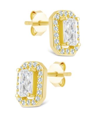 Sterling Silver Emerald Cut Brilliant Halo Studs