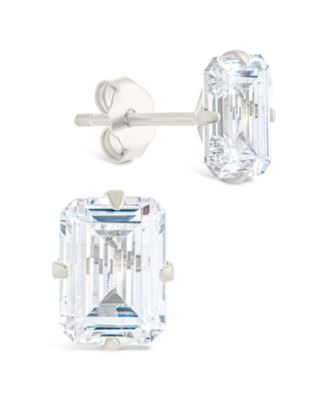 Sterling Silver Emerald Cut Prong Set Stud Earrings