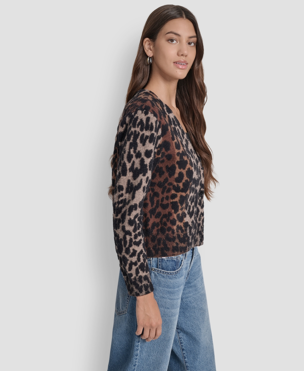 Dkny Jeans Women's Long Sleeves Leopard Print Cardigan Sweater In Black