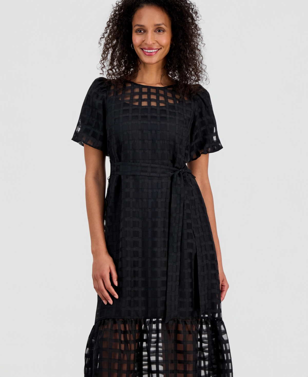 Robbie Bee Women's Bubble-Sleeve Belted Midi Dress