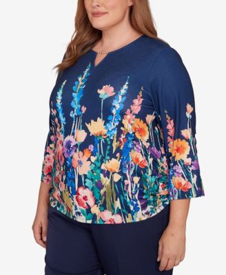Plus Size Saratoga Springs Vertical Floral Border Knit Top