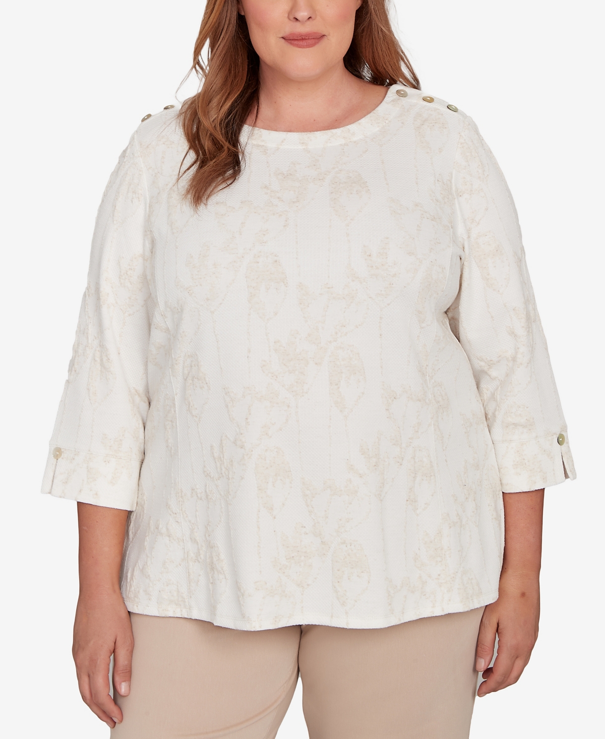 Alfred Dunner Plus Size Saratoga Springs Raised Texture Floral Design Knit Top In Neutral