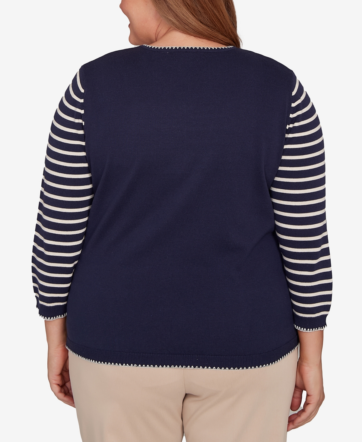 Alfred Dunner Plus Size Saratoga Springs Heart Motif Detail Striped Sweater In Blue