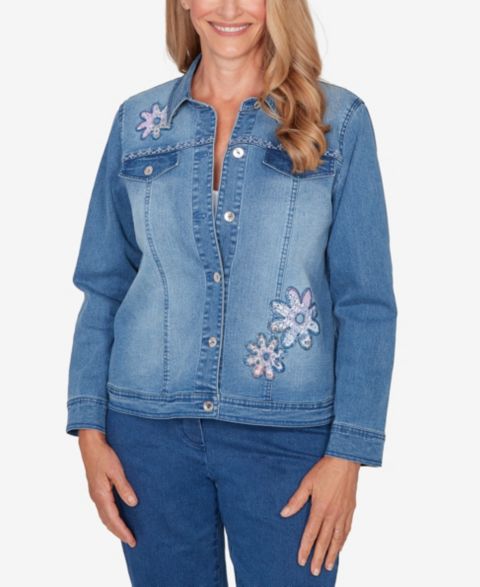 Женские куртки Alfred Dunner Plus Size Hilton Head Floral Applique Detail Light Denim Jacket