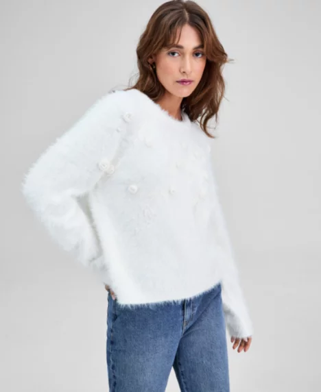 Petite Eyelash Applique Long-Sleeve Sweater - Calla Lily